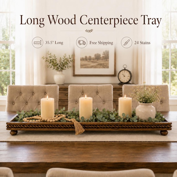 Wooden centerpiece tray | Long French country Mantle tray Rustic riser centerpiece | Large Modern farmhouse Primitive Dining Room Table Tray