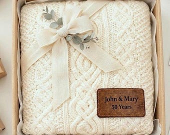 Personalized Irish Merino Wool Blanket with Custom Engraved Leather | Cozy Gold Wedding Gift Woven Blanket | golden wedding blanket for Men