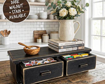 Farmhouse Kitchen Countertop Cabinet| Tea Organizer with drawers,Primitive Decor box,wood k cup storage,coffee station counter Kitchen Decor