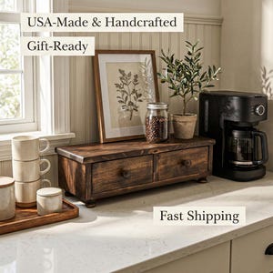 Farmhouse Kitchen Cabinet| Wood Drawers Tea Organizer, Primitive Decor, tea box, wood coffee bar cabinet, Wooden Kitchen Countertop Storage