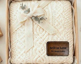 Personalized Irish Merino Wool Blanket with Custom Engraved Leather | Cozy Gold Wedding Gift Woven Blanket | golden wedding blanket for Men