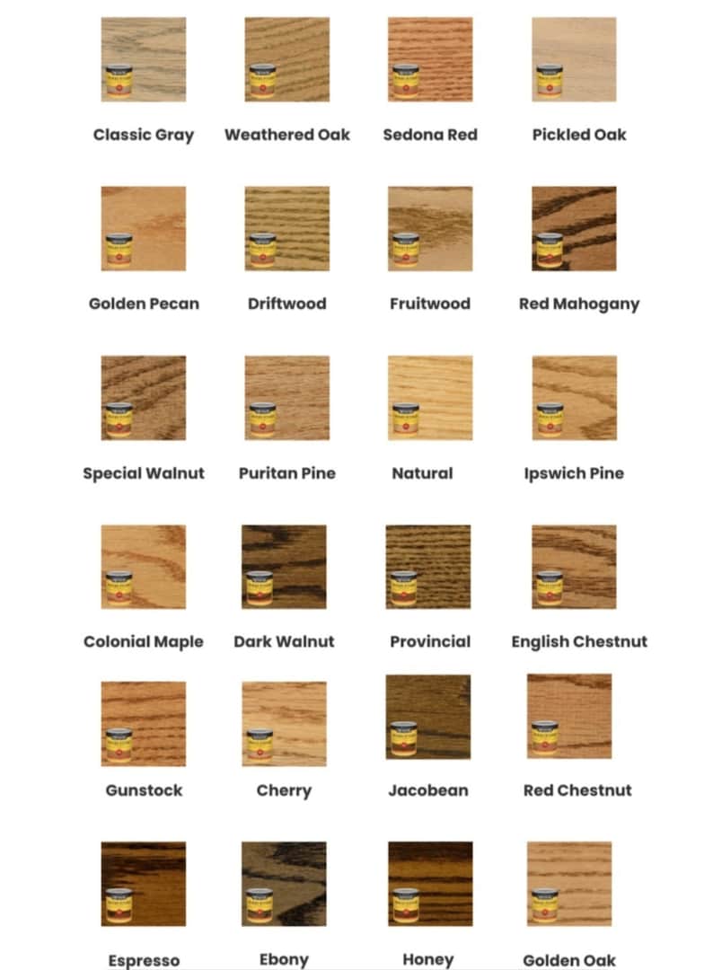 May include: A grid of twenty-four wood stain color samples, each featuring a small paint can icon and a text label. The colors range from light grays and tans to deep browns, mahoganies, and black, displaying various wood grain textures.
