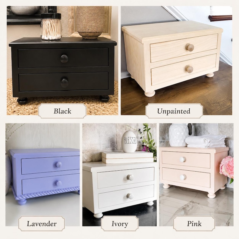 May include: A collection of five wooden desktop organizers, each featuring two drawers with round knobs and four bun feet. The organizers are shown in five distinct finishes: matte black, natural unpainted wood, lavender, ivory, and soft pink.