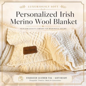 Personalized Irish Merino Wool Blanket with Custom Engraved Leather | Cable Knit Throw, Wedding Gift Woven Blanket | golden wedding blanket