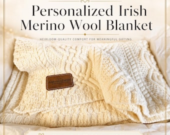 Personalized Irish Merino Wool Blanket with Custom Engraved Leather | Cable Knit Throw, Wedding Gift Woven Blanket | golden wedding blanket