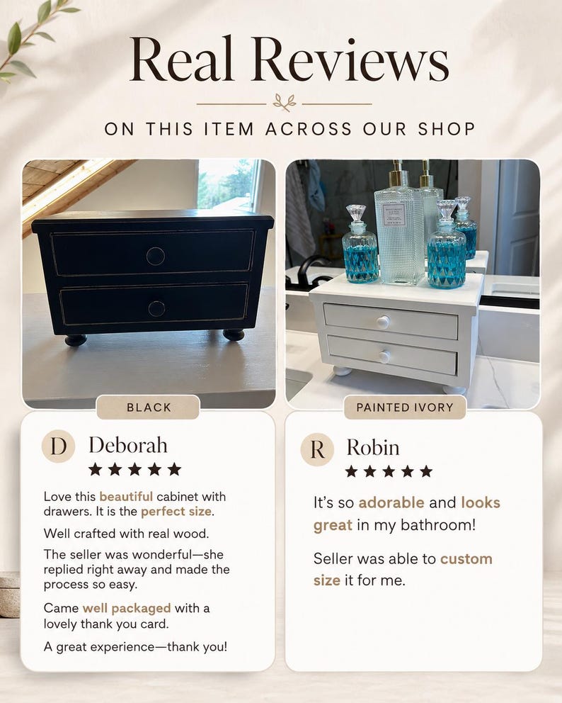 May include: A two-drawer cabinet shown in black and painted ivory finishes. The black cabinet features two round knobs and four small feet. The ivory cabinet is displayed with glass bottles on top, also featuring two round knobs and four feet.