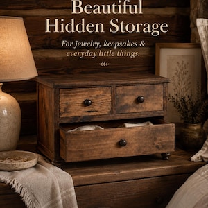May include: A dark brown wooden storage chest featuring two small upper drawers and one large lower drawer, each equipped with a round black knob. The text on the image reads: Beautiful Hidden Storage. For jewelry, keepsakes & everyday little things.