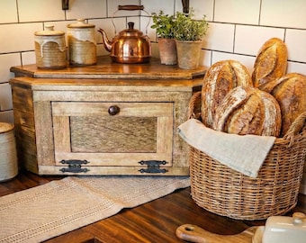 Solid Wood Corner Bread Box Counter-Rustic Farmhouse Kitchen Storage,Vegetable Bin Kitchen Cabinet for Countertop,Primitive Potato Bin