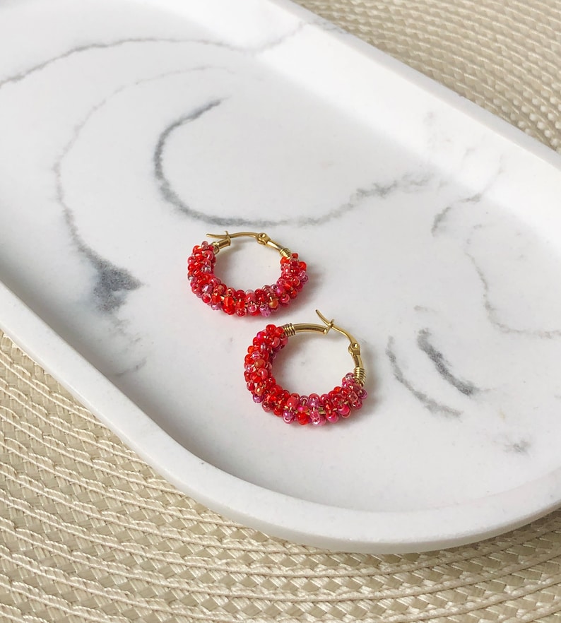 Red Hoop Earrings Seed Bead Earrings Handmade Wire Wrapped 25mm Etsy