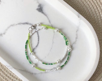 Green Seed Bead Necklace | Handmade | White Seed Beads | Pearl Necklace | Dainty Necklace