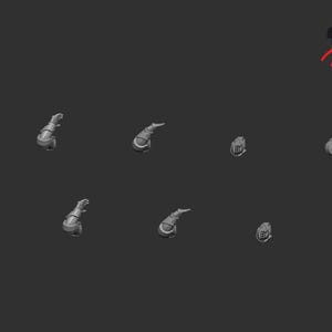 Puede incluir: Colección de miniaturas grises impresas en 3D para juegos de fantasía, incluyendo guanteletes, granadas y cañones, dispuestas sobre un fondo gris oscuro. El logo de Craft Mini está en la esquina superior derecha.