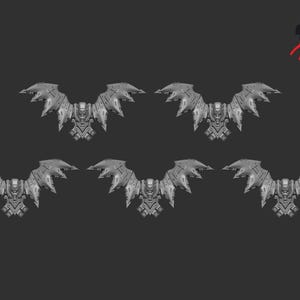 May include: Five gray, stylized bat-winged figures with detailed mechanical designs. Each figure has a central body with a skull-like face and outstretched wings. The figures are arranged against a dark gray background.