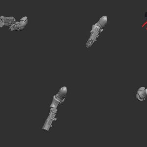 May include: A collection of gray, futuristic-style weapon parts, including arms holding guns and other mechanical components. The parts are set against a dark gray background, suggesting a sci-fi or miniature model theme.