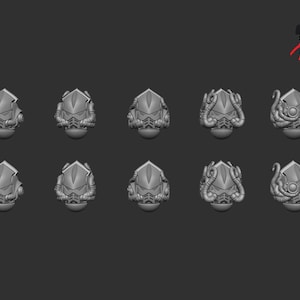 May include: Ten gray, futuristic helmet miniatures, each with a unique design. Some helmets feature tentacle-like appendages. The miniatures are arranged in two rows of five against a dark gray background. The Craft Mini logo is in the top right corner.