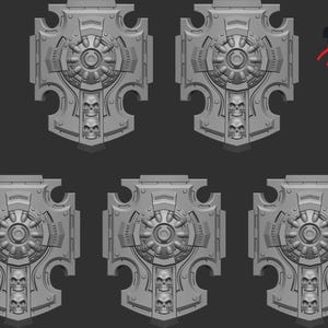 May include: Five gray, ornate shield miniatures with skull and cross designs. Each shield has a central circular pattern and a cross-shaped frame. The shields are likely for tabletop gaming or model building.