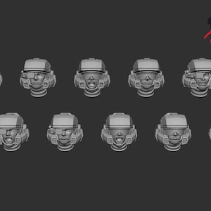 May include: Ten gray plastic helmet heads with different facial expressions. The helmets have a visor and a chin strap. The helmets are for miniature figures.