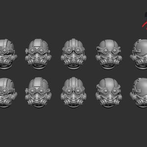 May include: Ten different 3D printed helmet designs, all in a gray color, with a variety of details and features. The helmets are arranged in two rows of five, with each helmet facing forward.