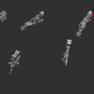 May include: Several gray, mechanical armatures are displayed against a dark background. The armatures have a futuristic design, with various components and details. The image also includes a small sign with the text "CraftMini".