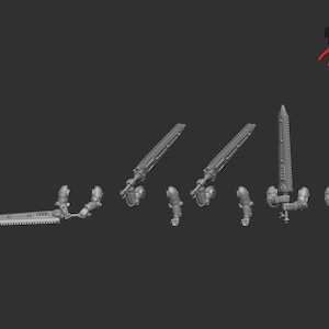 May include: A collection of gray miniature swords with serrated blades and mechanical handles. The image shows several swords in various stages of assembly, suggesting a model kit or crafting project. The background is a solid gray.