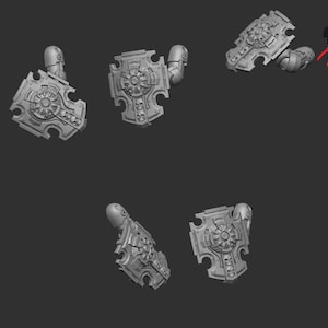 May include: Multiple grey, futuristic shield components are shown against a dark backdrop. Each component has intricate mechanical details, including circular designs and skull motifs. The Craft&Mini logo is visible in the top right corner.