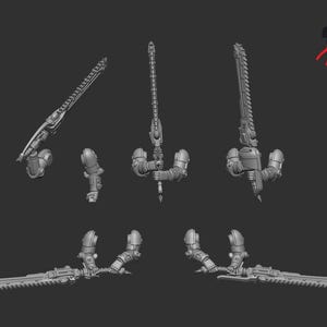 May include: A collection of gray, futuristic-style weapons, including chainswords and arm attachments, are displayed against a dark background. The weapons have detailed mechanical designs, with saw-like blades and armored components.