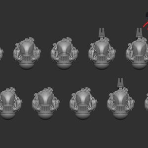 Puede incluir: Una colección de diez modelos de cascos grises de aspecto futurista, posiblemente para figuras en miniatura. Los cascos tienen un diseño detallado con varios elementos mecánicos y una forma suave y redondeada. El fondo es gris liso.