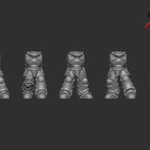 May include: Five grey, 3D-printed miniature armored legs, possibly for a tabletop game. The legs feature detailed segmented armour plating, knee pads, and a belt. The CraftMini logo is in the upper right corner.