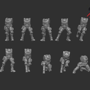 May include: A set of small grey soldier figurines in different poses, such as standing and kneeling. The figures are detailed with armour and tactical gear, suggesting a military or sci-fi theme. The background is a solid dark grey.