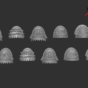 Pode incluir: Uma coleção de dez ombreiras cinzentas com designs em relevo detalhados. As ombreiras apresentam vários motivos, incluindo águias, criaturas semelhantes a insetos e padrões texturizados, para wargaming em miniatura ou cosplay.