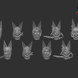 Puede incluir: Una colección de cabezas de personajes grises impresas en 3D con orejas de zorro. Cada cabeza tiene un diseño único, que incluye peinados, rasgos faciales y mejoras cibernéticas. Las cabezas están dispuestas en filas sobre un fondo gris oscuro.