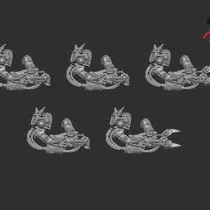 May include: Five gray, mechanical arm miniatures with intricate details, including tubes, gears, and a claw-like hand. The arms have a futuristic, robotic design, perfect for miniature gaming or model building.