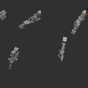 Puede incluir: Se muestran varias armaduras mecánicas grises sobre un fondo oscuro. Las armaduras tienen un diseño futurista, con varios componentes y detalles. La imagen también incluye un pequeño letrero con el texto "CraftMini".