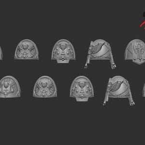 May include: A collection of ten gray shoulder pads, each with detailed relief designs. The pads feature various emblems, including chalices, wings, and decorative elements, suitable for miniature wargaming or model building.