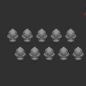 May include: Ten 3D printed helmet designs, each with a different face mask design. The helmets are gray and the face masks are black.