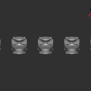 May include: Five grey miniature armour pieces are arranged in a row. Each piece has a detailed design with a chest plate, shoulder guards, and a belt. The background is a solid dark grey.