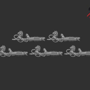May include: Six gray, detailed miniature weapons with a mechanical design, featuring a saw-like blade and ornate embellishments. The weapons have a futuristic aesthetic, possibly for tabletop gaming or model building. The CraftMini logo is in the upper right corner.