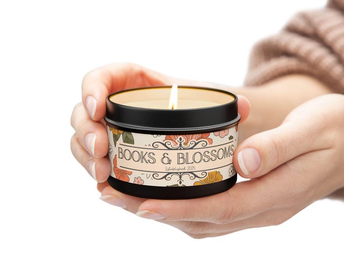 Featured listing image: Signature Books & Blossoms Tin Candles | Aromatic Gifts for Home, Relaxation, Self-Care, Creative Decor, Mindfulness