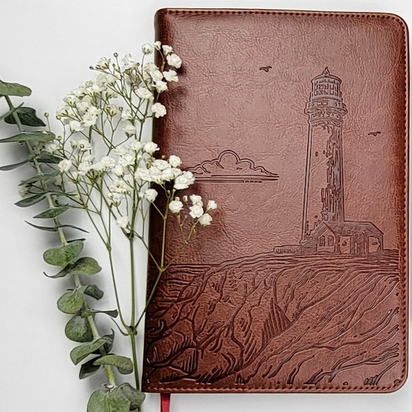 Lighthouse Refillable Faux Leather Journal, Vegan Journal, 6x8 Writing Journal for Women or Men, Lined Paper Notebook Lays Flat