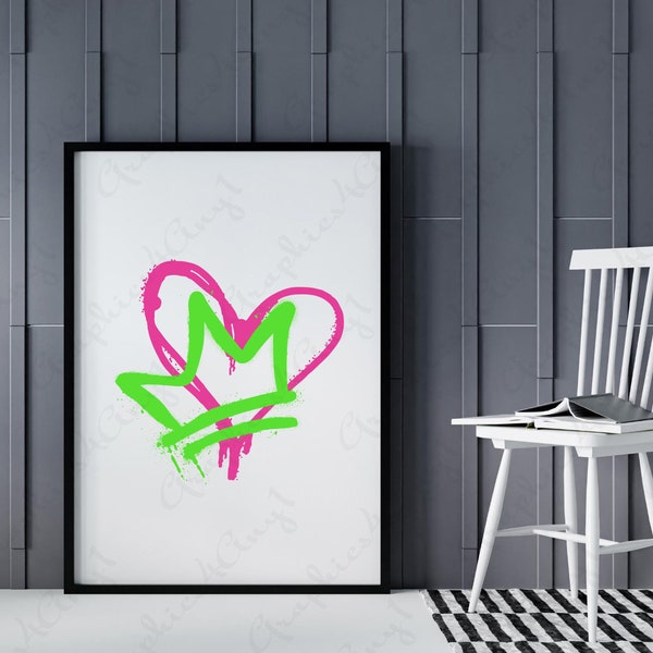 Crown Heart Graffiti PNG/JPG, Graphic Tshirt/Canvas tote/Wall art/Mug/Sticker Design, DTF heat transfer/Sublimation/Cricut/Cameo Download