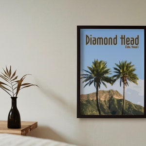 Affiche hawaïenne, affiche d’Oahu, tête de diamant, affiche de voyage, art mural numérique