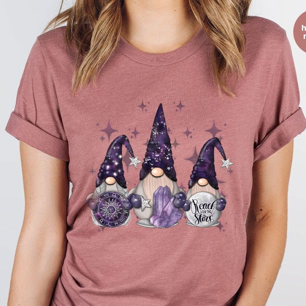 Celestial Gnome T-Shirt, Gifts for Women, Crystals T Shirt, Gnome Gifts, Galaxy Outfit, Graphic Tees for Women, Magic Gnomes Vneck Tshirts