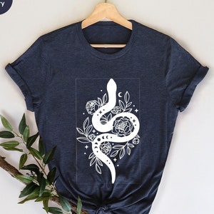 Aesthetic Animal Clothing, Celestial Snake T Shirts, Cool Reptile Graphic Tees, Floral Hand VNeck T-Shirts, Gifts for Her, Shirts for Women