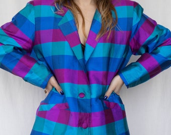 size L/XL pure silk blazer checkered