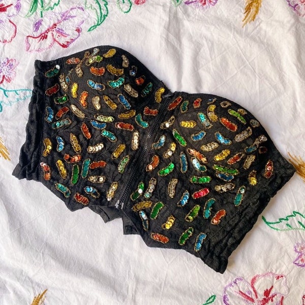 size M vintage rainbow sequin black laced bustier