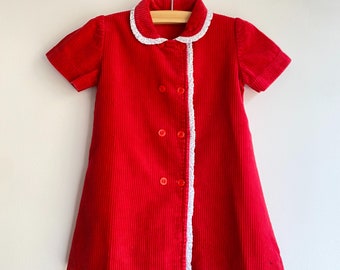 Robe rouge en velours côtelé vintage pour enfants 12 mois avec col
