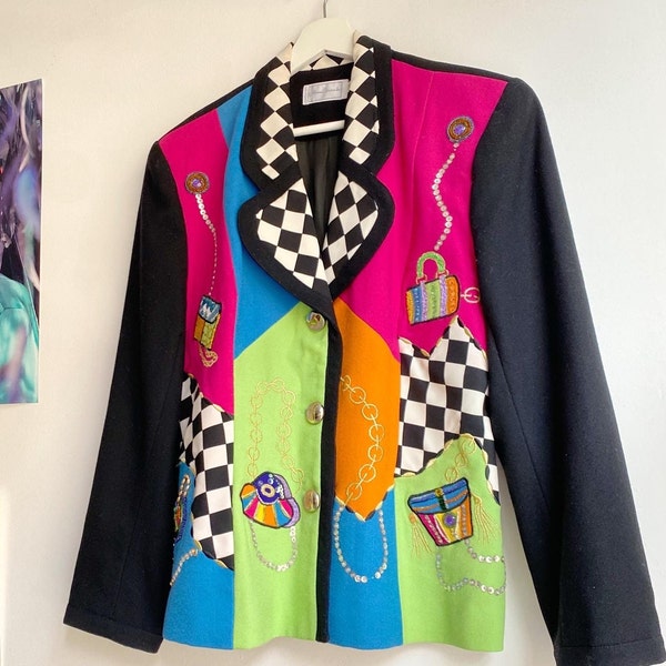 Vintage jaren '80 Anne French 100% wollen blazer funky geborduurd