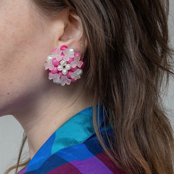 1960s original clip-on earrings pink flower beaded