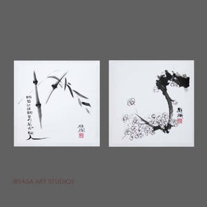 Bambù e fiore di prugno - Set di due dipinti originali dipinti a mano - Inchiostro e acquerelli su carta di riso - Calligrafia giapponese Sumi-e