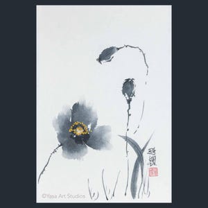 Fiore di papavero sumi-e - Originale dipinto a mano - Inchiostro e acquerelli su carta di riso - Arte floreale giapponese