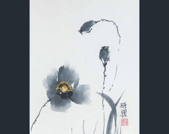 Fleur de pavot sumi-e - Original peint à la main - Encre et aquarelles sur papier de riz - Art floral japonais